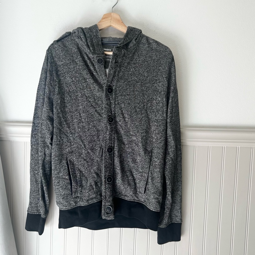 Express Men’s Small Charcoal Button Up Hooded Sweater Cardigan